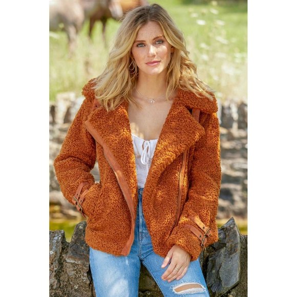 Miss Me Orange and Brown Teddy Jacket Cozy Chic - Picture 7 of 7